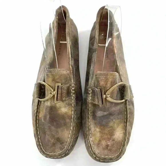 AK Anne Klein flats 8.5 Davis brown gold leather camo horsebit driving loafers - Picture 1 of 13
